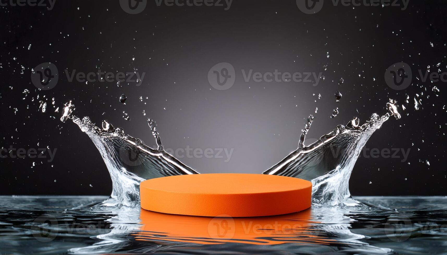 empty orange podium mockup with water splash on a gradient background for product display photo