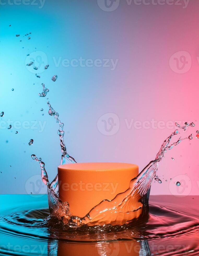 empty orange podium mockup with water splash on a gradient background for product display photo