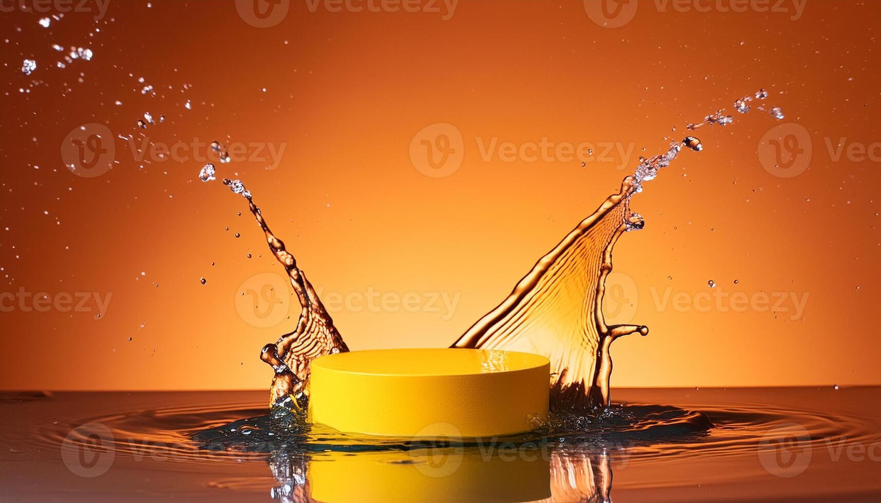 empty yellow podium mockup with water splash on a gradient background for product display photo