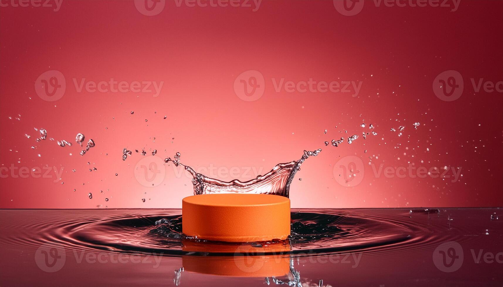 empty orange podium mockup with water splash on a gradient background for product display photo