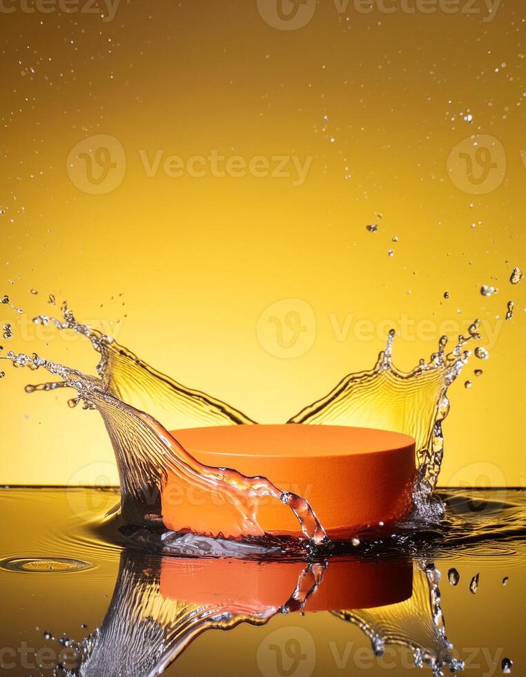 empty orange podium mockup with water splash on a gradient background for product display photo