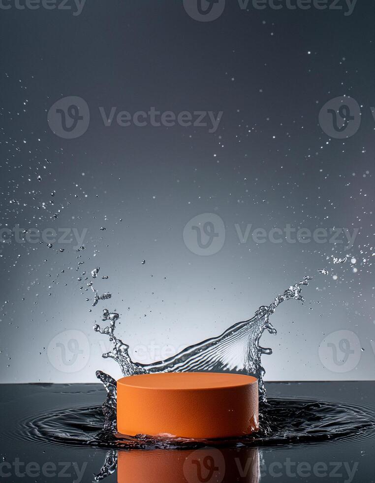 empty orange podium mockup with water splash on a gradient background for product display photo