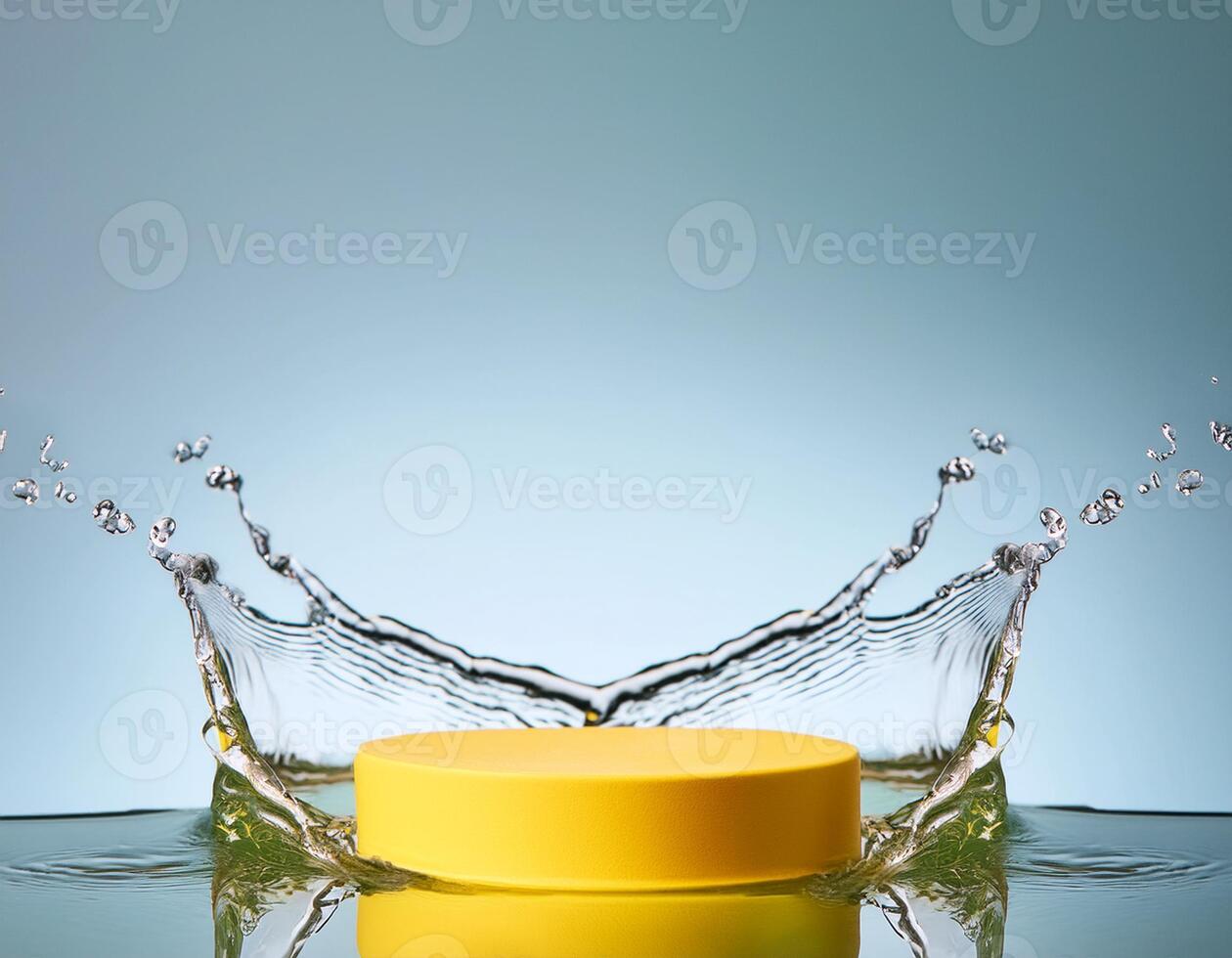 empty yellow podium mockup with water splash on a gradient background for product display photo