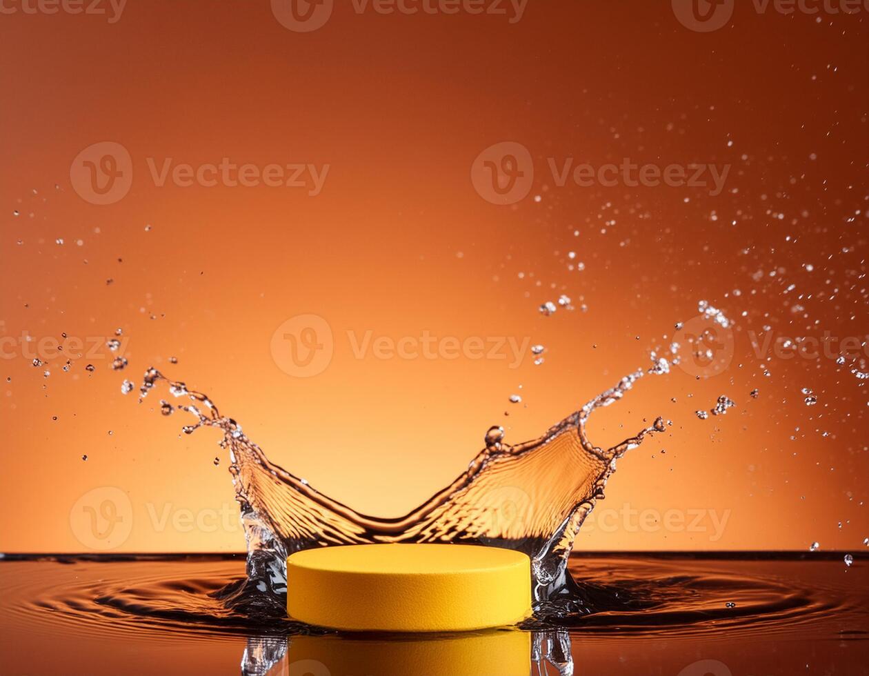 empty yellow podium mockup with water splash on a gradient background for product display photo
