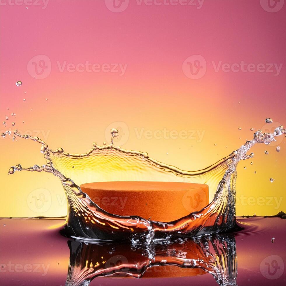 empty orange podium mockup with water splash on a gradient background for product display photo