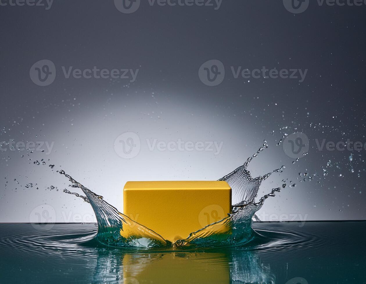 empty yellow podium mockup with water splash on a gradient background for product display photo