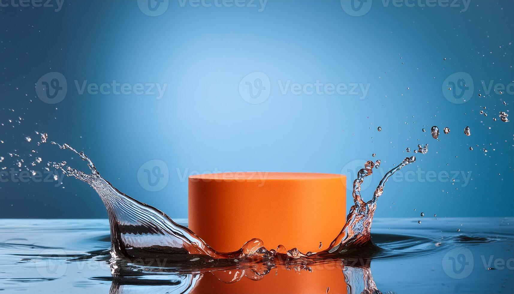 empty orange podium mockup with water splash on a gradient background for product display photo
