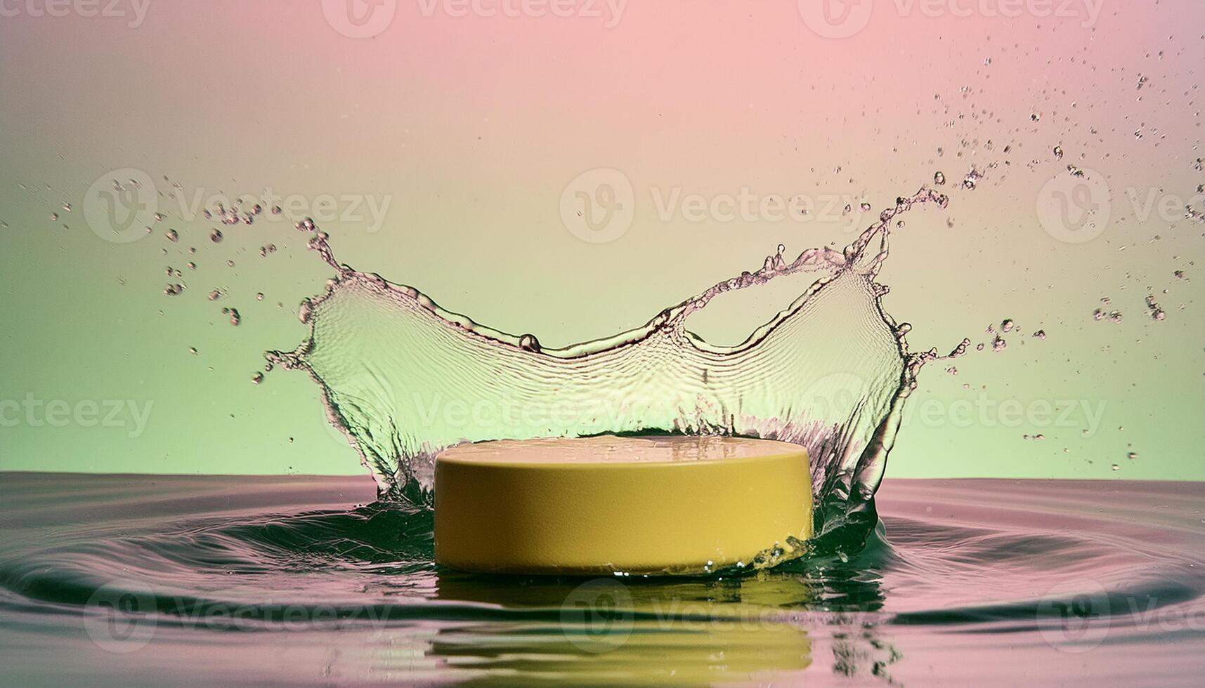 empty yellow podium mockup with water splash on a gradient background for product display photo