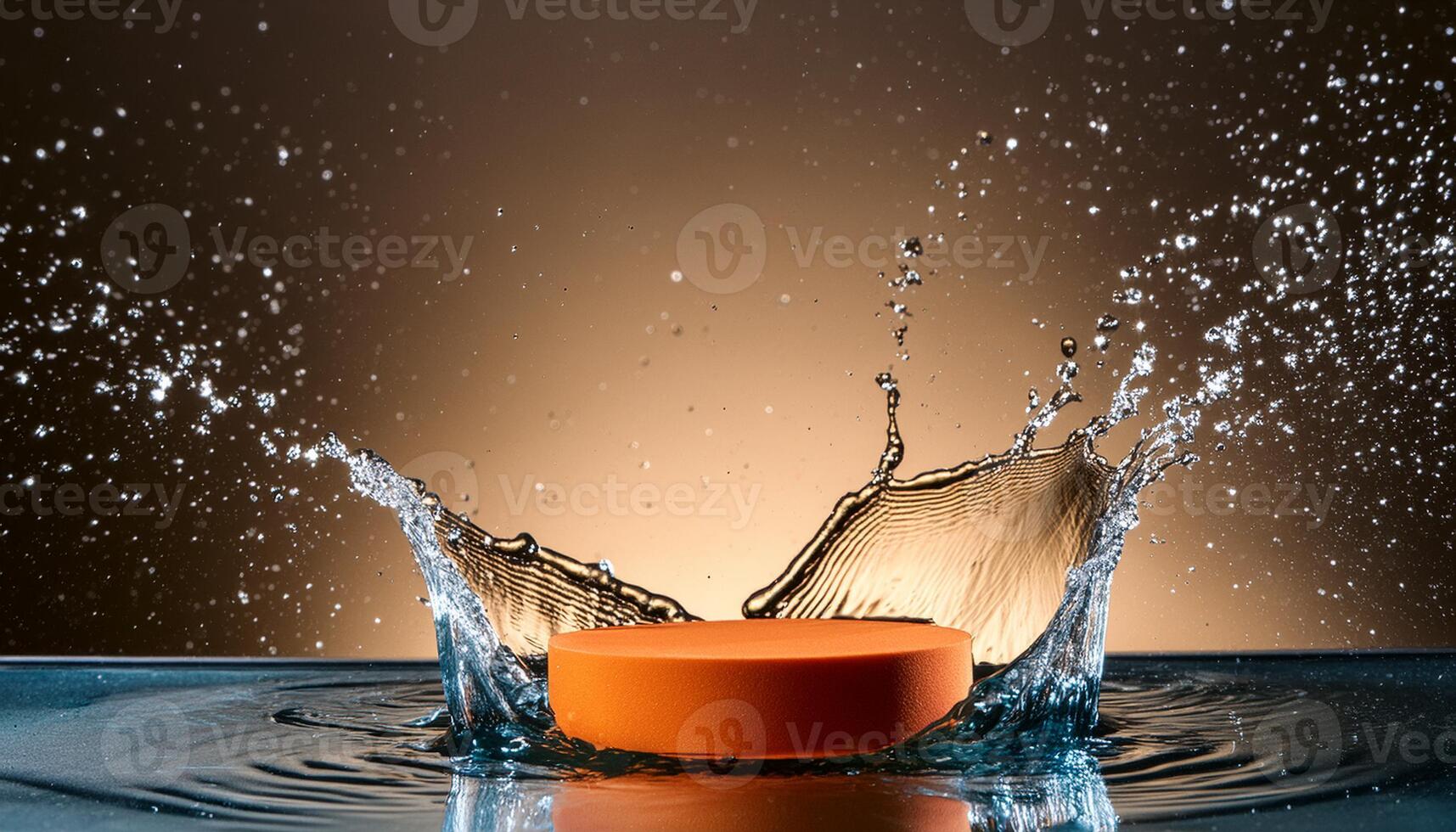 empty yellow podium mockup with water splash on a gradient background for product display photo
