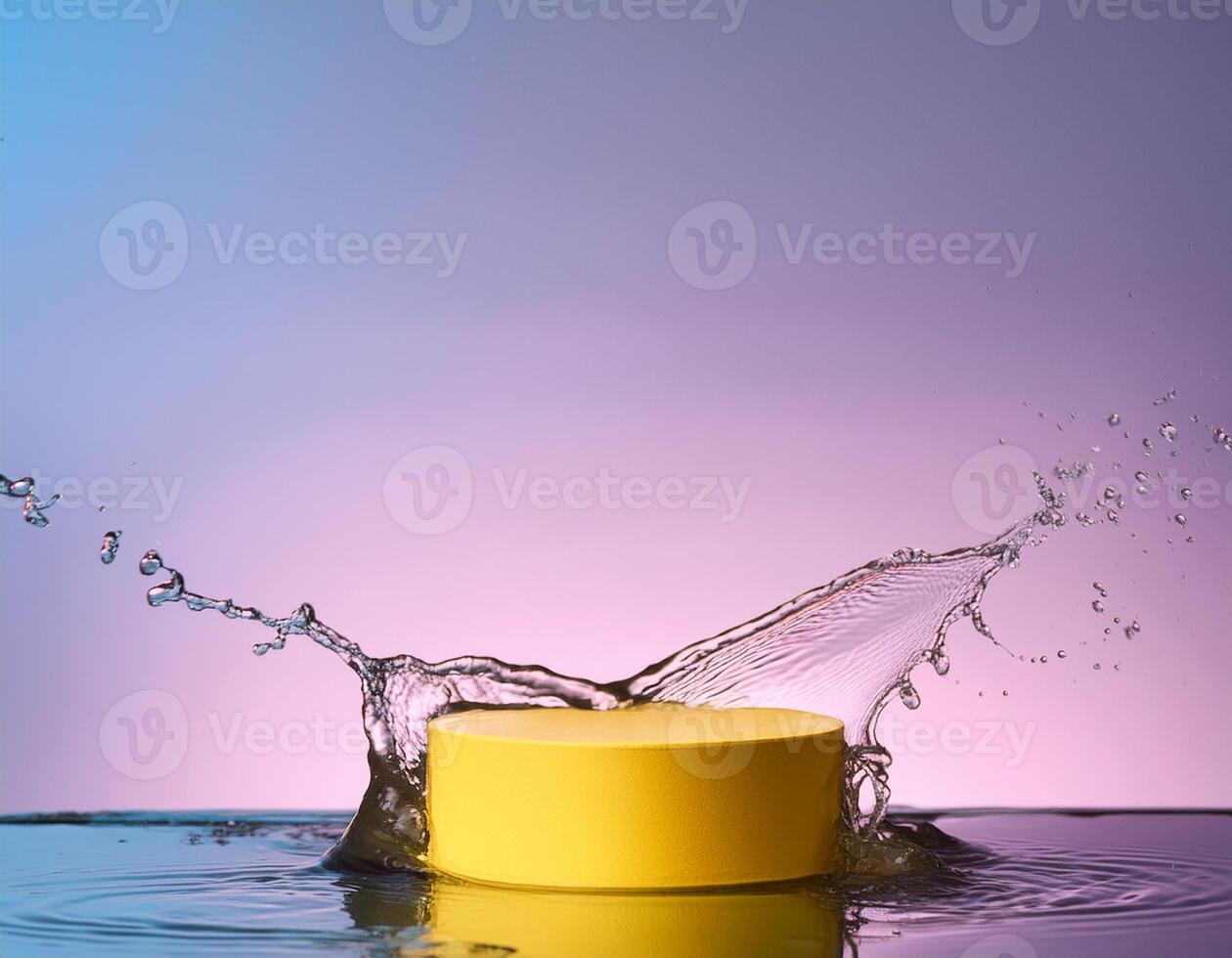 empty yellow podium mockup with water splash on a gradient background for product display photo