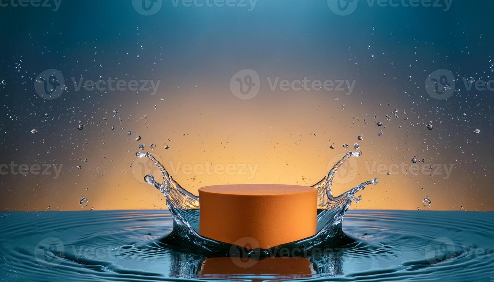 empty orange podium mockup with water splash on a gradient background for product display photo