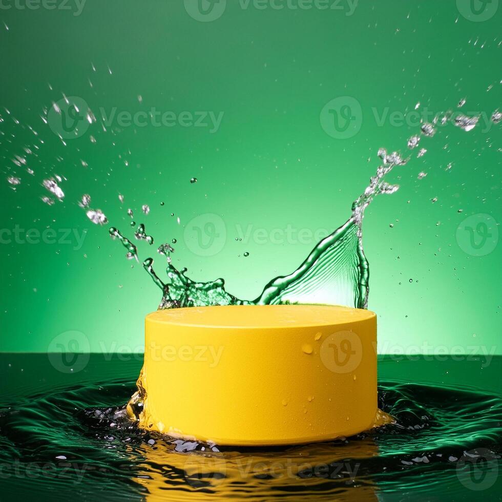 empty yellow podium mockup with water splash on a gradient background for product display photo