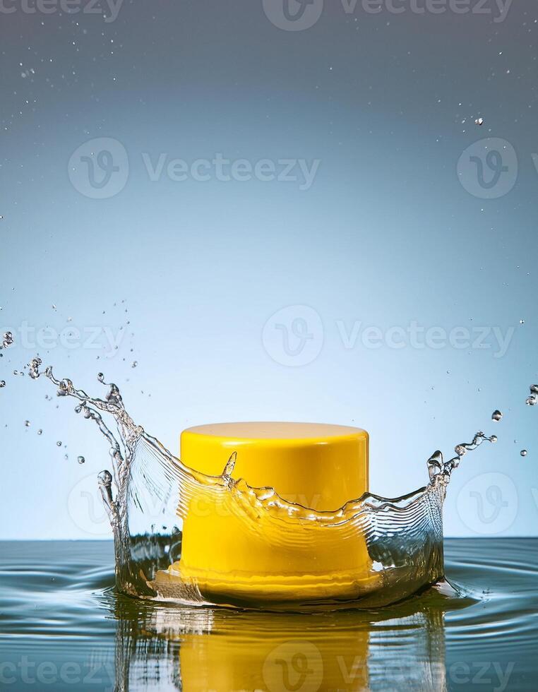 empty yellow podium mockup with water splash on a gradient background for product display photo