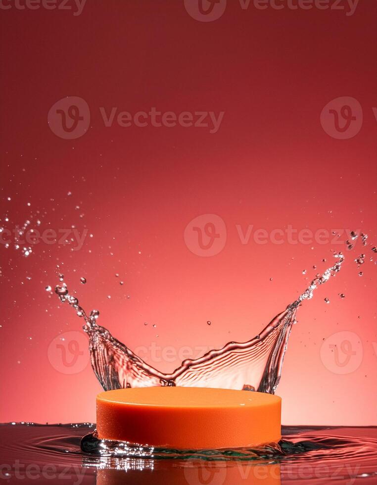 empty orange podium mockup with water splash on a gradient background for product display photo