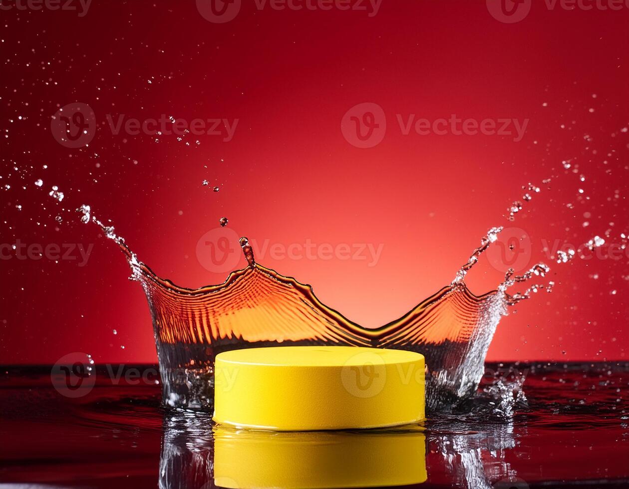 empty yellow podium mockup with water splash on a gradient background for product display photo