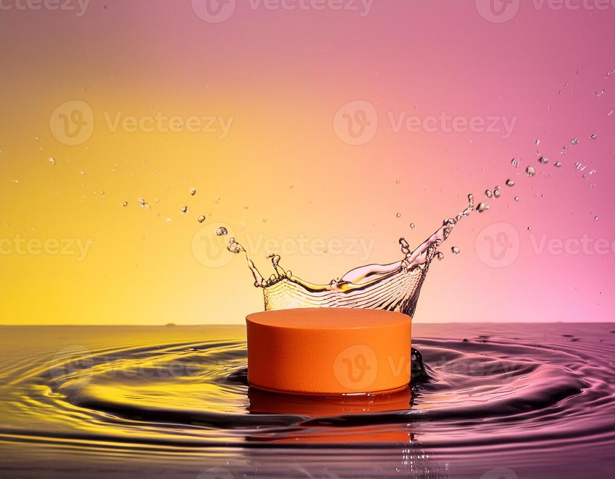 empty orange podium mockup with water splash on a gradient background for product display photo