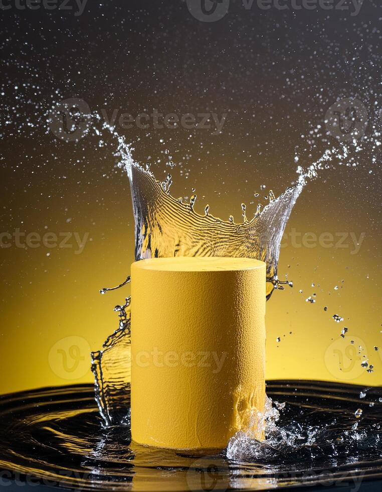 empty yellow podium mockup with water splash on a gradient background for product display photo