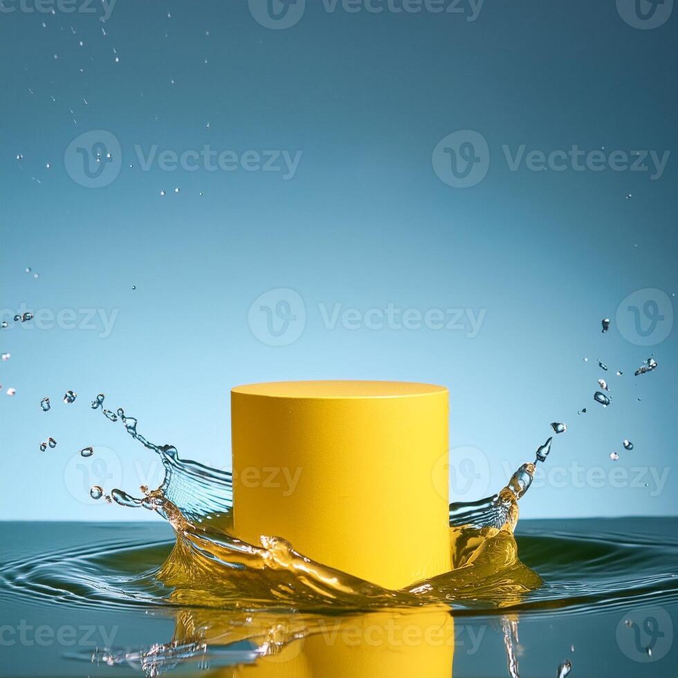 empty yellow podium mockup with water splash on a gradient background for product display photo