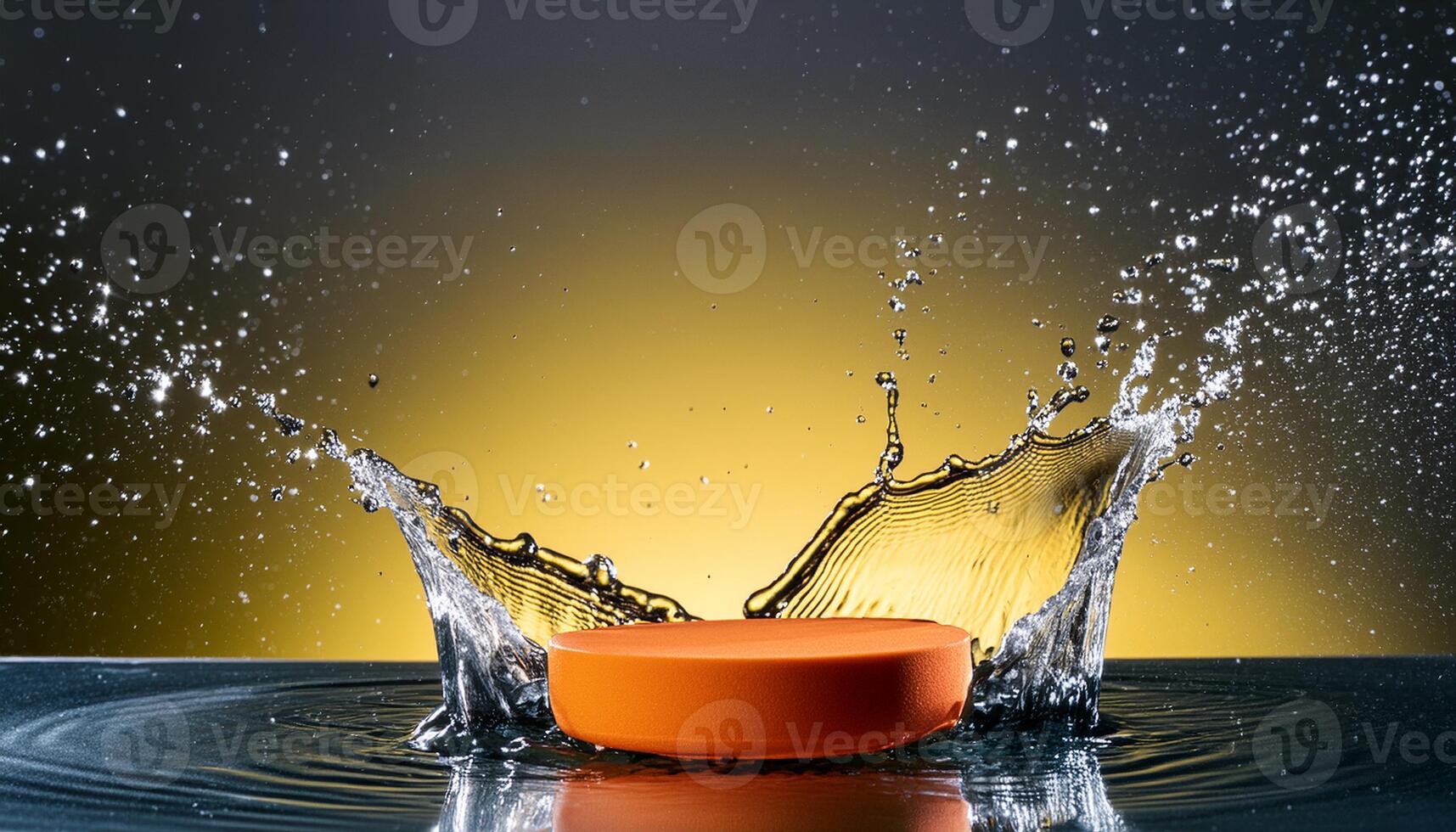 empty orange podium mockup with water splash on a gradient background for product display photo