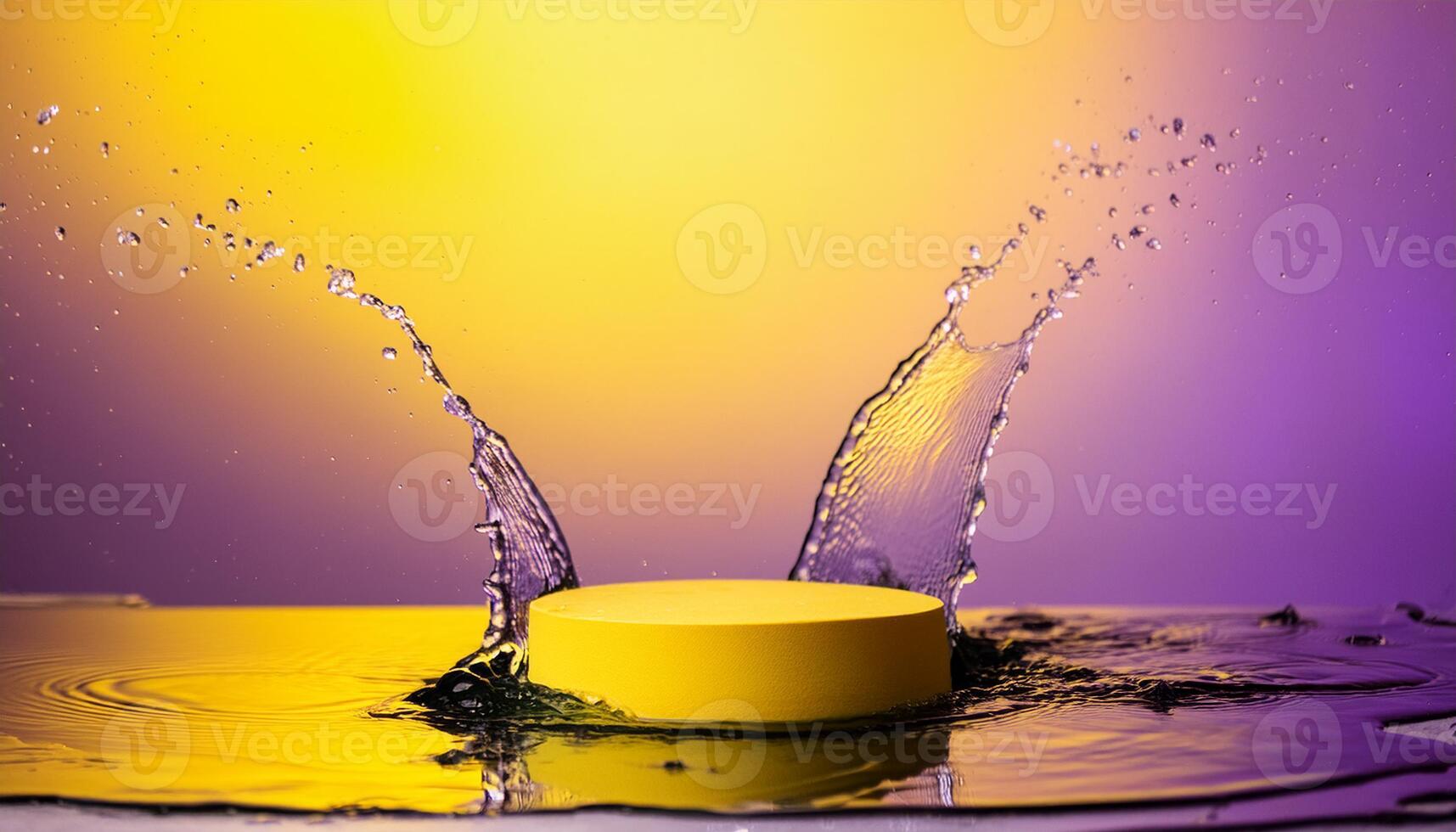 empty yellow podium mockup with water splash on a gradient background for product display photo