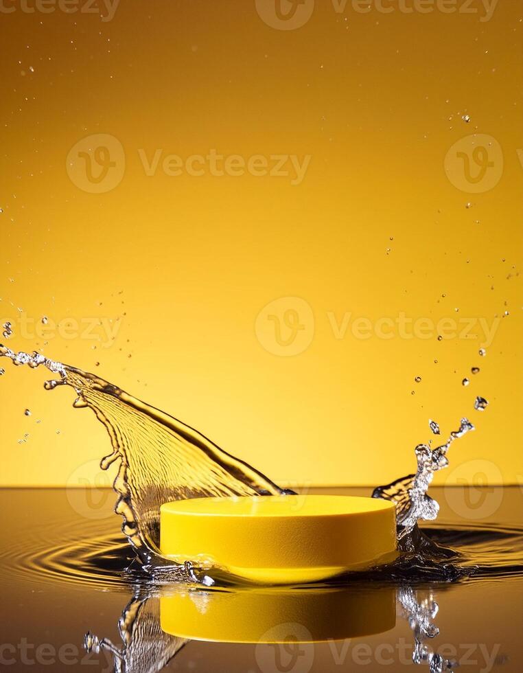 empty yellow podium mockup with water splash on a gradient background for product display photo