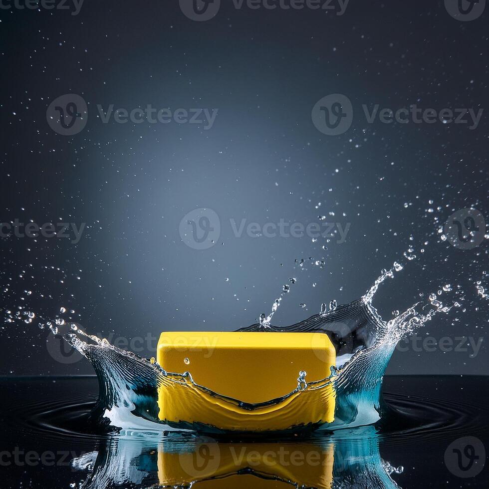 empty yellow podium mockup with water splash on a gradient background for product display photo