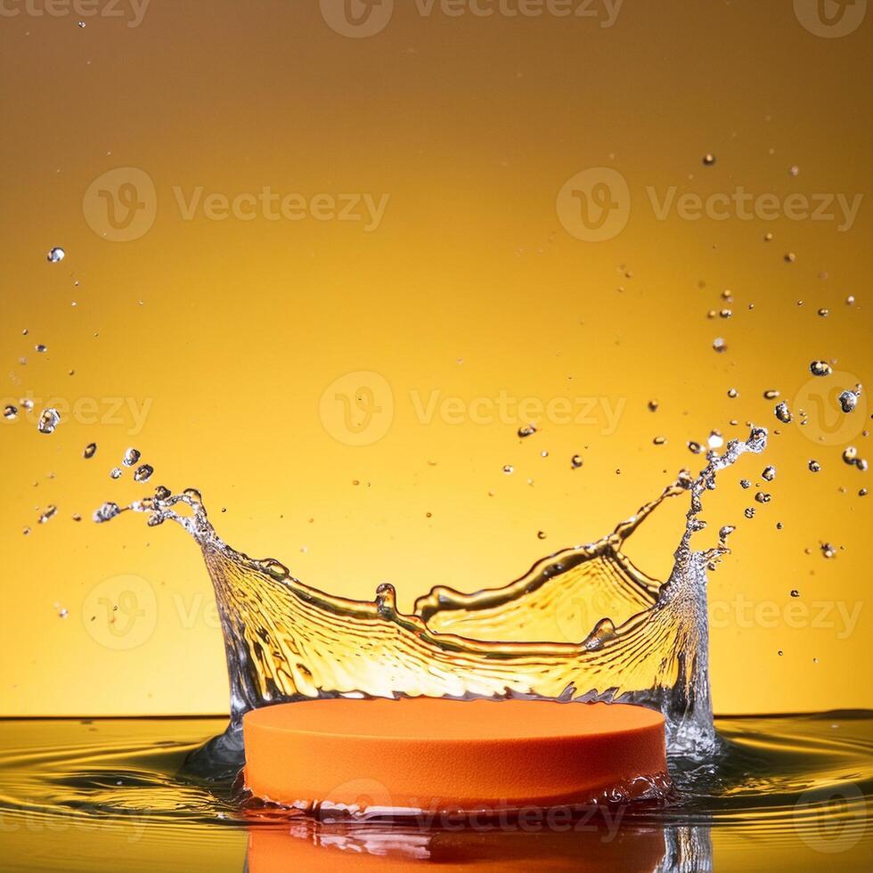 empty orange podium mockup with water splash on a gradient background for product display photo