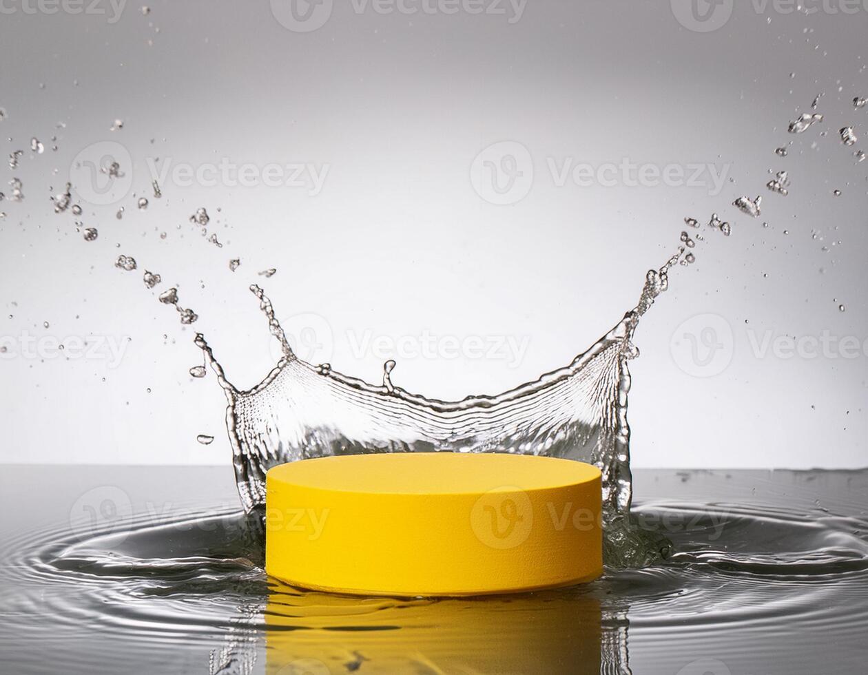 empty yellow podium mockup with water splash on a gradient background for product display photo