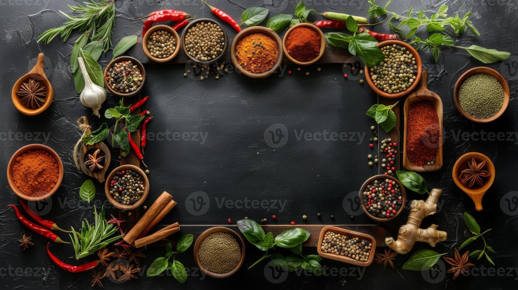 Assorted Fresh Herbs and Spices Arranged on Rustic Dark Stone Surface photo
