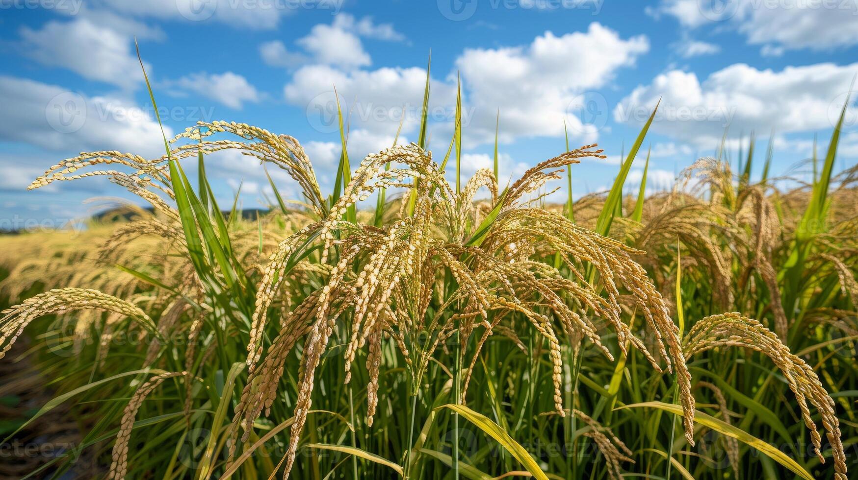Golden Rice Grains Ripening in a Verdant Paddy Field Under Cloudy Skies in Late Summer photo
