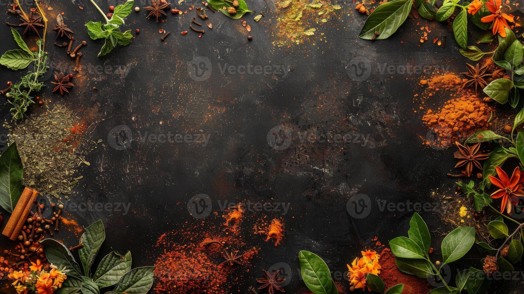 Assorted Fresh Herbs and Spices Arranged on Rustic Dark Stone Surface photo