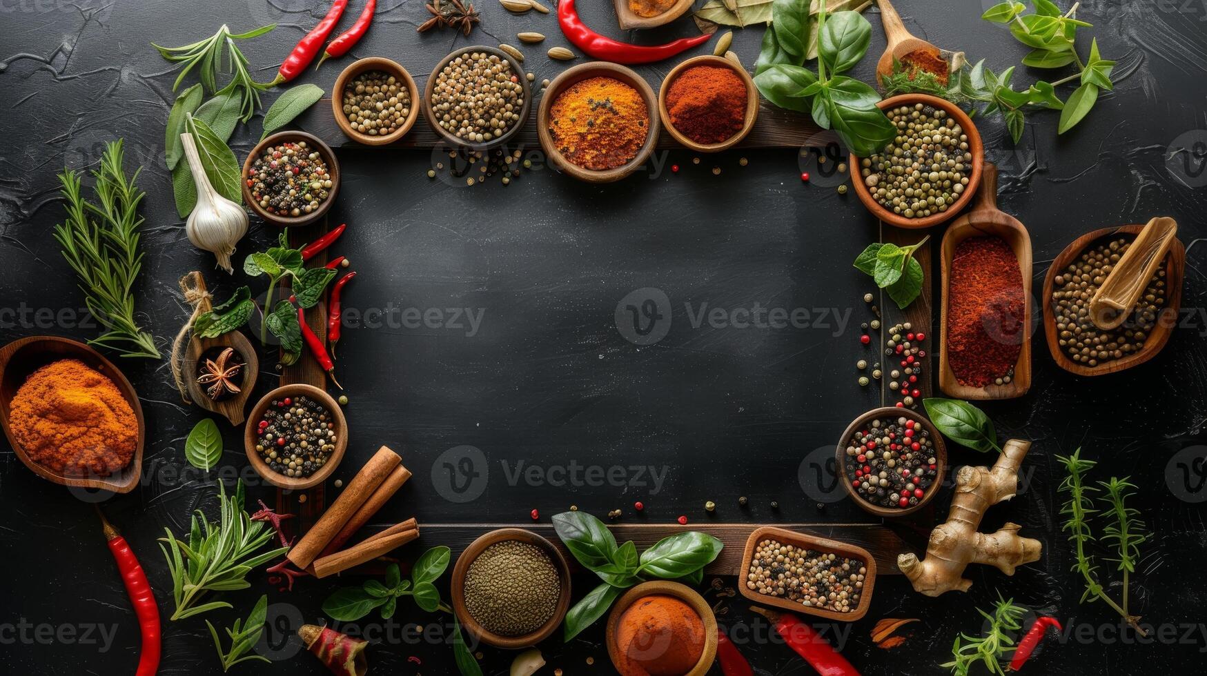 Assorted Fresh Herbs and Spices Arranged on Rustic Dark Stone Surface photo