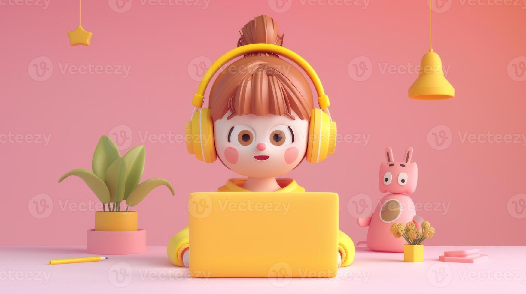 3d cute girl with yellow headphones and laptop on pastel background. photo