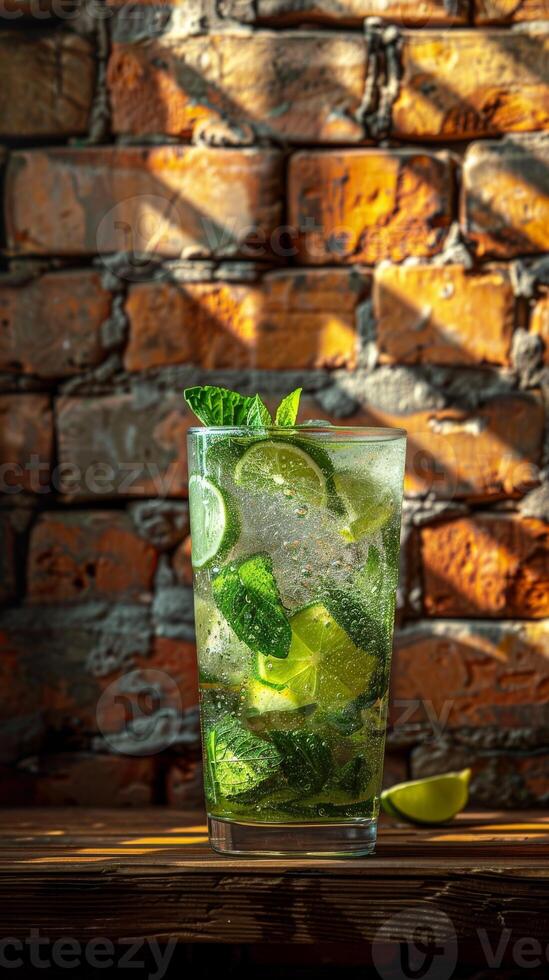Refreshing Mojito Cocktail With Lime and Mint on Wooden Table photo