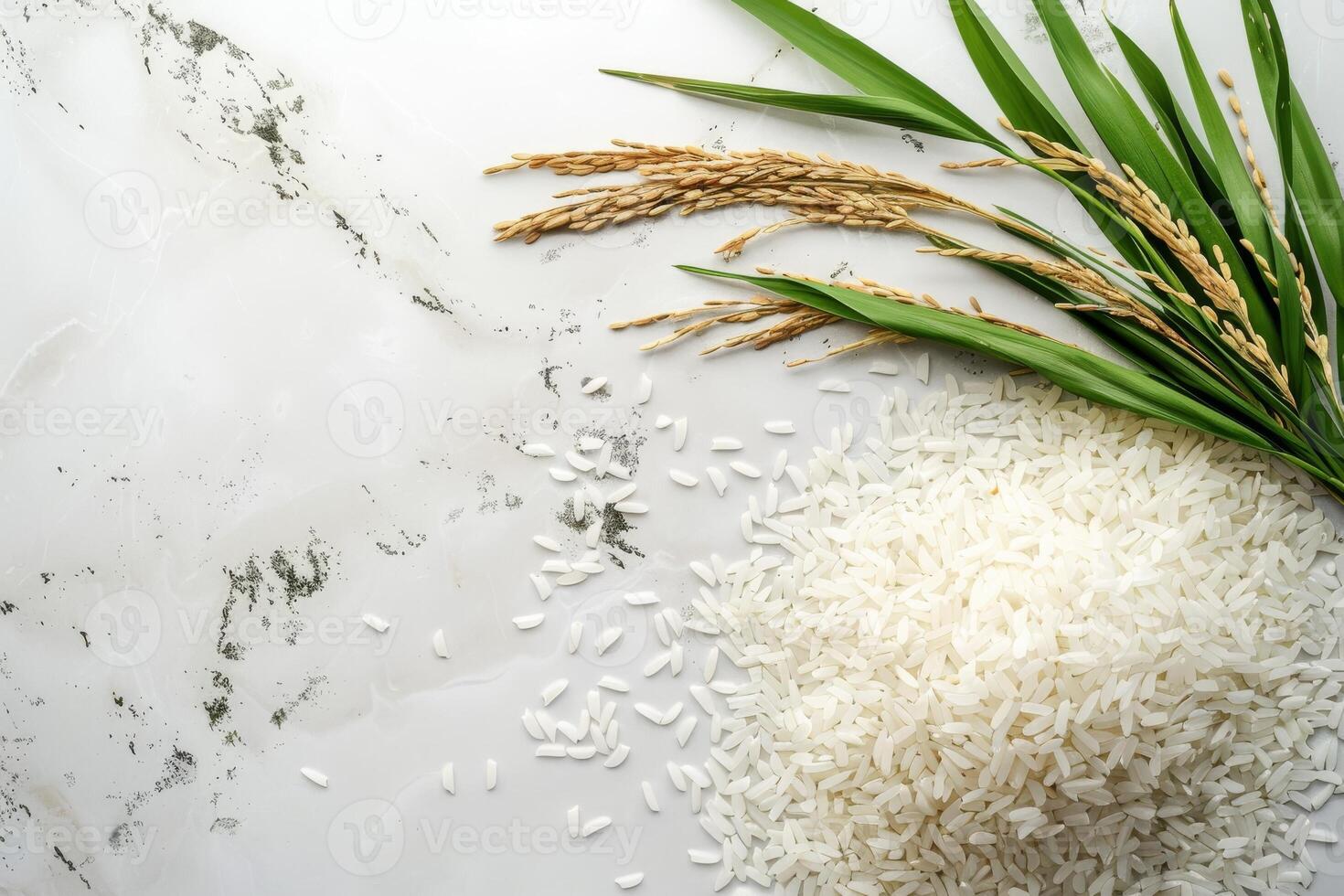 Freshly Harvested Rice Grains and Stalks photo