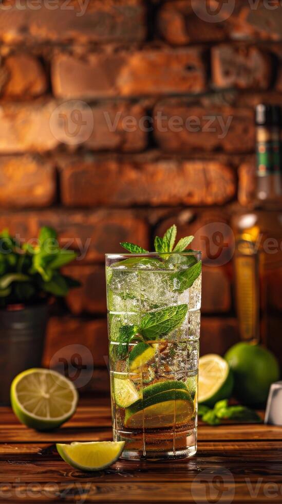 Refreshing Mojito Cocktail With Lime and Mint on Wooden Table photo