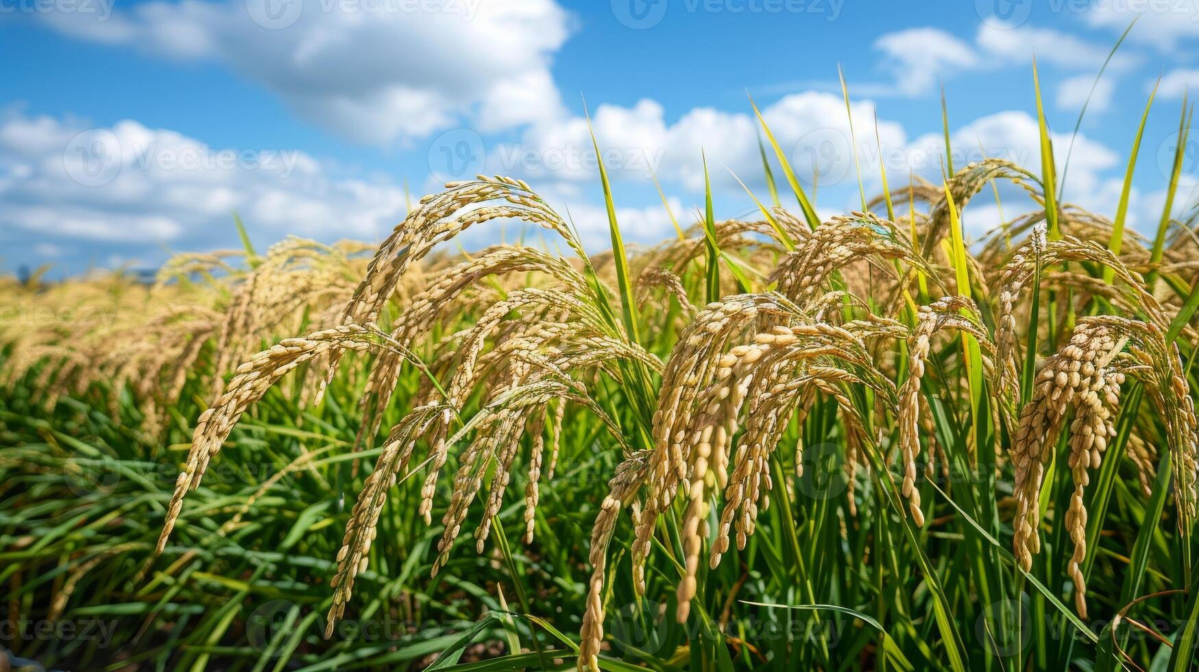 Golden Rice Grains Ripening in a Verdant Paddy Field Under Cloudy Skies in Late Summer photo