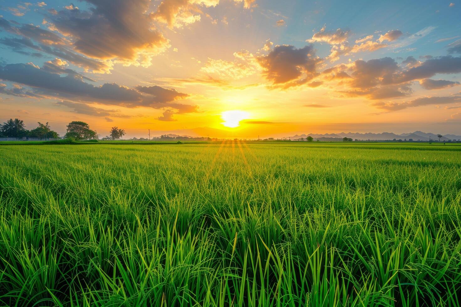 Golden Sunset Over Rice Paddy Fields photo