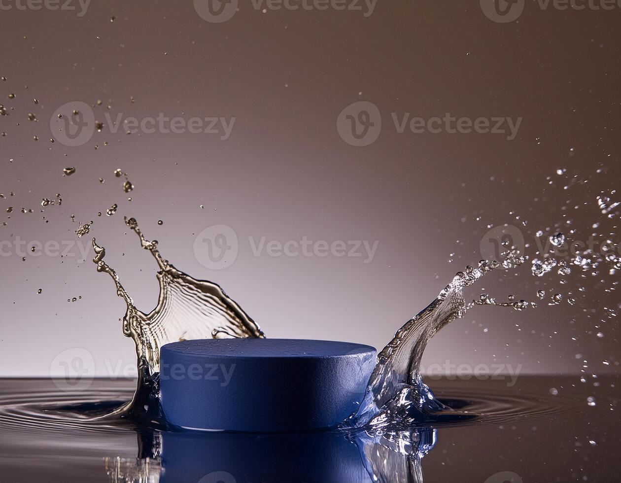 empty blue podium mockup with water splash on a gradient background for product display photo