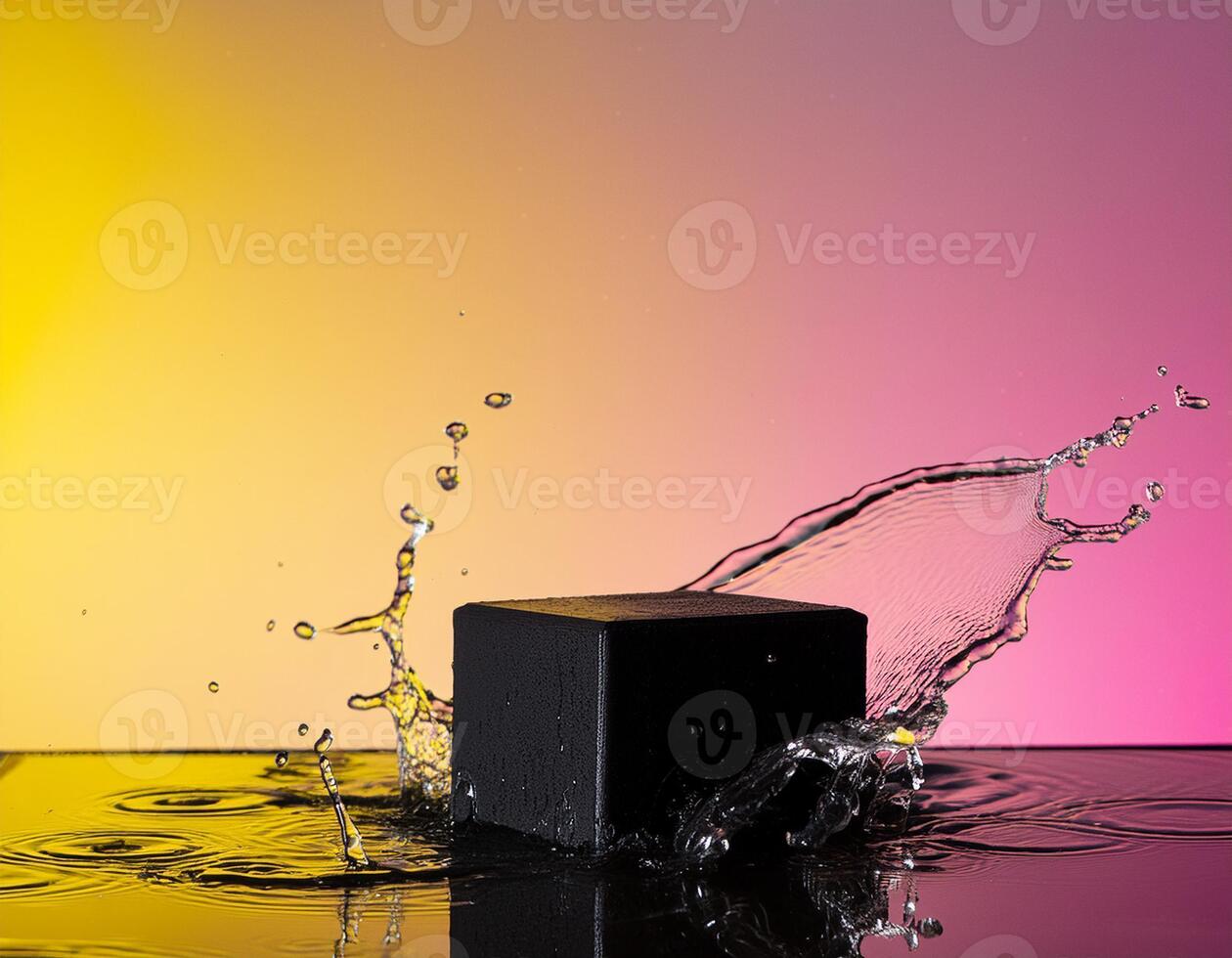 empty black podium mockup with water splash on a pink and yellow gradient background for product display photo