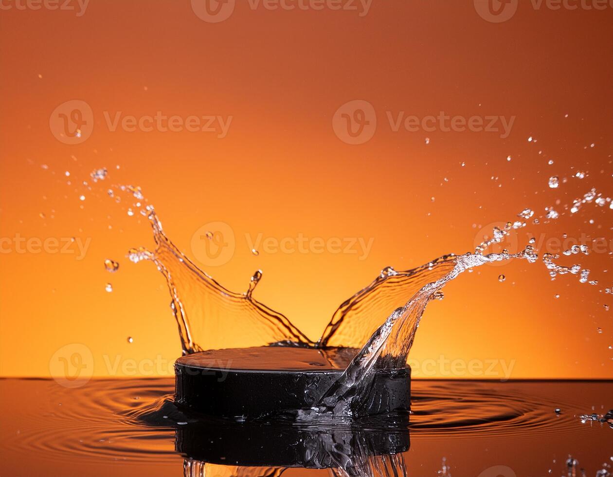 empty black podium mockup with water splash on a orange gradient background for product display photo