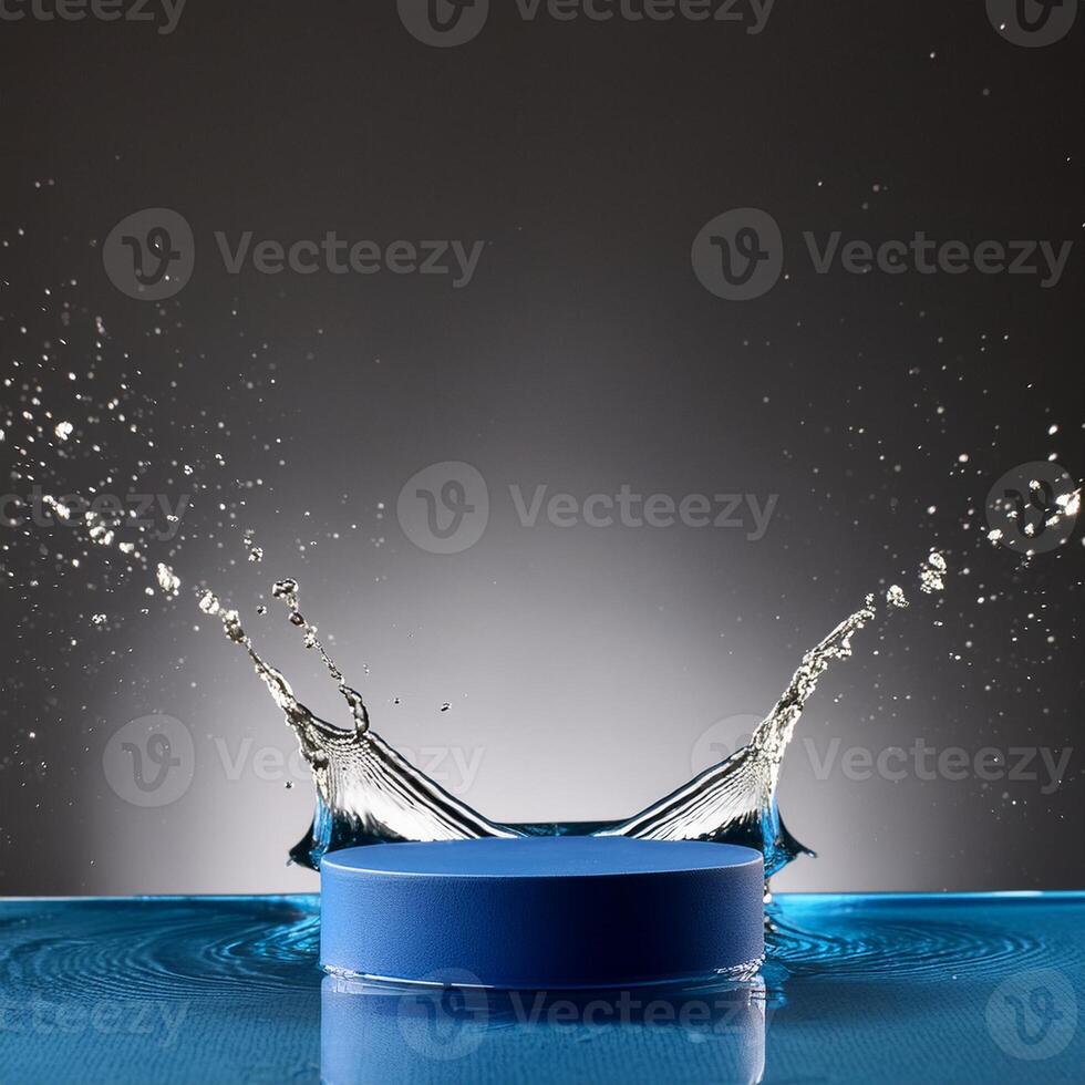 empty blue podium mockup with water splash on a gradient background for product display photo