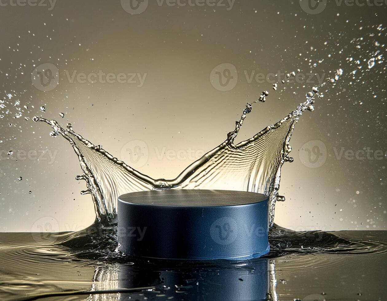 empty blue podium mockup with water splash on a gradient background for product display photo