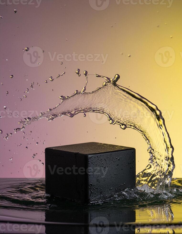 empty black podium mockup with water splash on a pink and yellow gradient background for product display photo