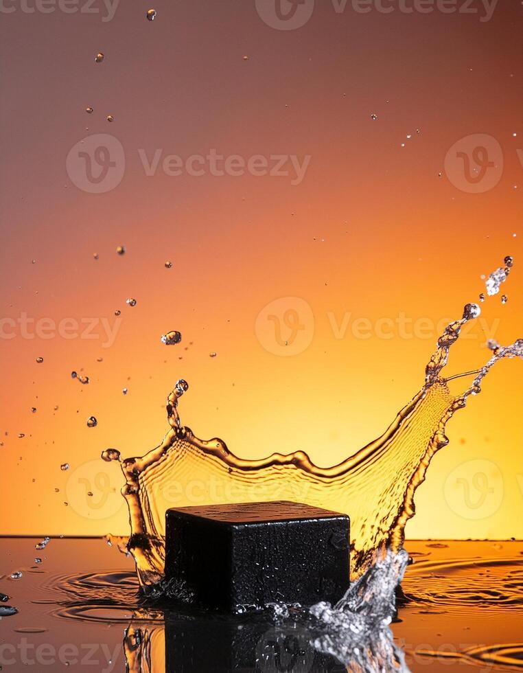 empty black podium mockup with water splash on a orange gradient background for product display photo