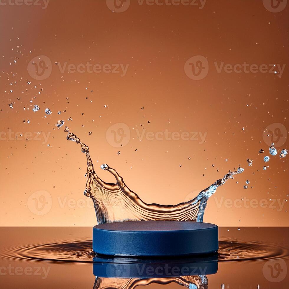 empty blue podium mockup with water splash on a gradient background for product display photo