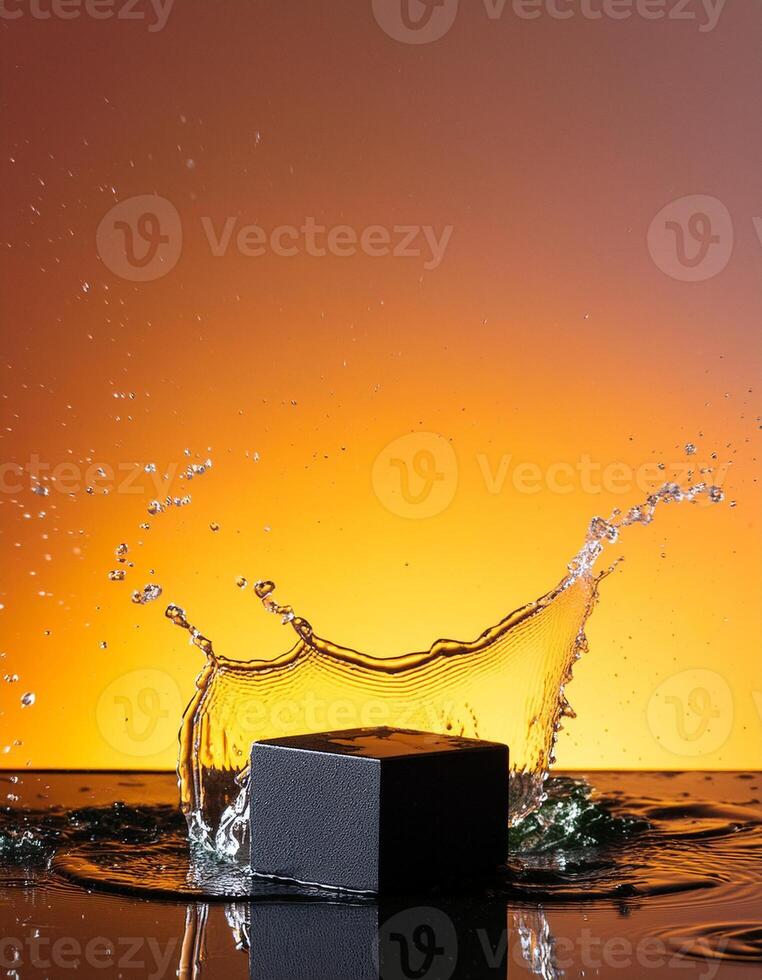 empty black podium mockup with water splash on a orange gradient background for product display photo