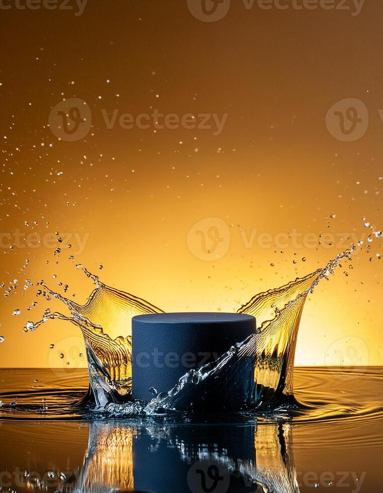 empty blue podium mockup with water splash on a gradient background for product display photo