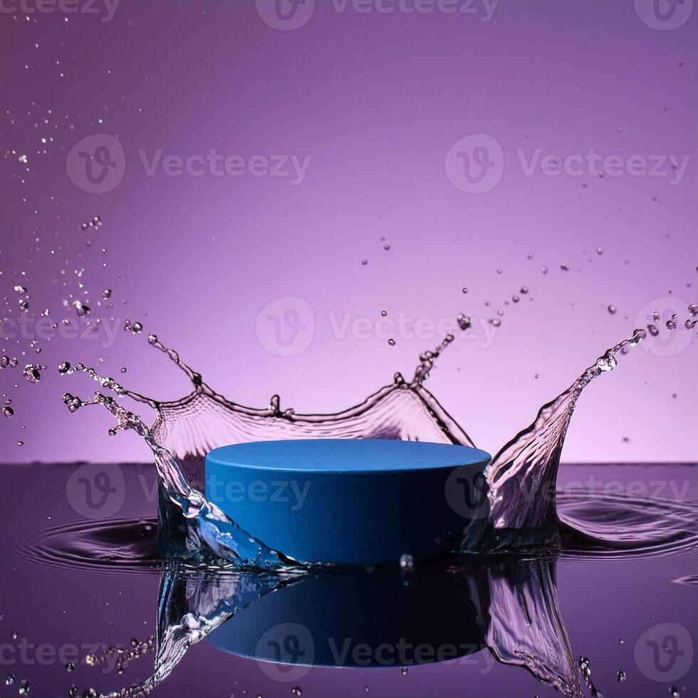 empty blue podium mockup with water splash on a gradient background for product display photo