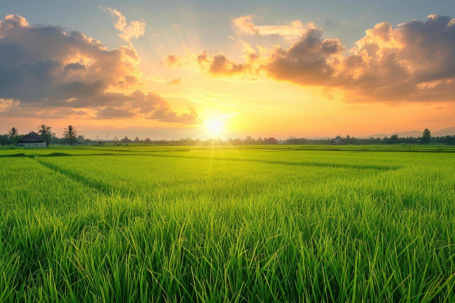 Golden Sunset Over Rice Paddy Fields photo